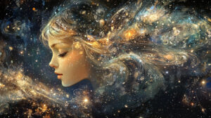 宇宙と乙女座の女性の横顔
